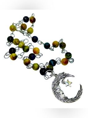 Handmade Moon & Star Pendant Necklace with Natural Tiger Eye Stones!